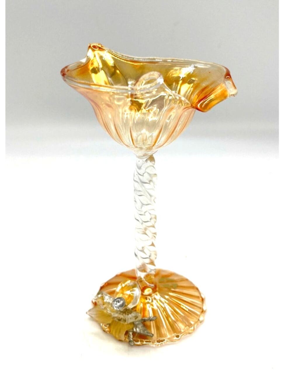 Quadrifoglio Yellow Iridescent Glass Stemware Attached Crystal Flower 5” Tall